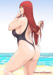  1girl alluring ass beach big_breasts bikini high_res kushina_uzumaki long_hair looking_at_viewer looking_back naruto_(series) ocean one-piece_bikini playing_with_own_hair raikageart red_hair smile 