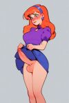 ai_generated big_testicles blush blush daphne_blake earrings embarrassed futanari ginger ginger_hair hairband huge_cock huge_penis long_hair miniskirt red_hair scooby-doo skirt_lift