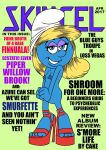 1girl 1girl anthro blonde_hair blue_eyes blue_skin english_text eyelashes eyeshadow hat high_heels long_hair nude small_breasts smurfette the_smurfs toonytease