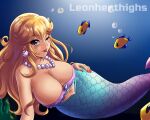  1girl alternate_species big_breasts bra breasts cleavage earrings female fish huge_breasts humanoid jewelry leonhenthighs looking_at_viewer mario_(series) mermaid mermaid_peach navel necklace nintendo ocean pearl_earrings pearl_necklace princess_peach princess_peach:_showtime! sea solo tail underwater water wink winking_at_viewer 