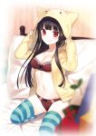 >:3 1girl :3 animal_ears animal_hood bangs black_hair blunt_bangs blurry blush bra breasts cat_ears cat_hood cleavage depth_of_field fang fang_out female green_legwear hood hoodie lace-trimmed_bra lace-trimmed_panties long_hair looking_at_viewer midorikawa_you navel no_pants original panties plaid plaid_bra plaid_panties red_bra red_eyes red_panties smile solo striped striped_legwear thighhighs underwear