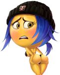 1girl 2d ass bare_shoulders beanie bikini bikini_bottom bikini_top blue_hair blush bra breasts cleavage color covered_breasts covered_nipples emoji emoji_(race) female_only hat jailbreak looking_back open_mouth panties ponytail shadman short_hair sideboob skull the_emoji_movie yellow-skinned_female yellow_skin