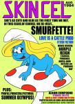 1girl 1girl blonde_hair blue_skin english_text erection eyelashes hat long_hair mushroom nipples nude open_mouth small small_breasts smurfette tail the_smurfs toonytease