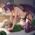  2girls ai_generated araga_kiwi baggy_eyes bed bedroom big_breasts breath choker covered_nipples demon_horns demon_tail demon_wings evil_smile first_porn_of_character hiiragi_utena horns leopard_(mahou_shoujo_ni_akogarete) lesbian_sex long_boots magia_baiser magical_girl mahou_shoujo_ni_akogarete military_uniform penetration_from_behind pleasure_face purple_hair semi_nude slut sluts smile strap-on whore whores yellow_eyes yuri 