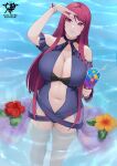 1girl alluring bare_shoulders big_breasts blue_one-piece_bikini casual_one-piece_swimsuit cleavage clothing_cutout dress_swimsuit fire_emblem fire_emblem_engage fire_emblem_heroes high_res ivy_(fire_emblem) ivy_(summer)_(fire_emblem) kaos_art long_hair mole mole_under_mouth navel nintendo ocean official_alternate_costume one-piece_bikini outside partially_submerged purple_eyes purple_hair stomach stomach_cutout swimsuit