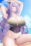 1girl alluring alternate_costume aslind_samure aslindsamure bare_legs beach big_breasts bikini_top_only brown_bikini brown_swimsuit camilla_(fire_emblem) female_only female_pubic_hair fire_emblem fire_emblem_fates hair_over_one_eye light-skinned_female long_hair naked_from_the_waist_down nintendo ocean pin_up pubic_hair purple_eyes purple_hair yellow_bikini yellow_swimsuit