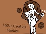 1girl big_ass big_breasts brown_background brown_body brown_hair cookie cookies crumbs find_the_markers justmad9876_(artist) milk milk_&_cookies_marker_(find_the_markers) milk_and_cookies naked_female nude_female white_skin