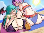  2_girls beach bikini capcom darkstalkers green_eyes head_wings lilith_aensland looking_at_viewer morrigan_aensland naughty_face purple_hair sisters smirk vkid voluptuous 