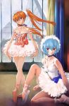  2_girls anime asuka_langley_souryuu ayanami_rei ballerina ballet ballet_slippers bare_legs bare_shoulders blue_hair breasts choker cleavage dress edit female female_only frills hairband highres legs long_hair looking_at_viewer medium_breasts multiple_girls neon_genesis_evangelion orange_hair red_eyes rei_ayanami sadamoto_yoshiyuki short_hair sitting smile souryuu_asuka_langley strap_slip tiara tutu twin_tails white_dress 