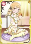 1girl anime bed bedroom blonde blonde_hair blush card card_(medium) desert drill_hair female hair_ornament happy knees mahou_shoujo_madoka_magica mahou_shoujo_madoka_magica_plus multicolored_clothes multicolored_pajamas official_art pajamas pig_tails print_pajamas puella_magi_madoka_magica smiling socks solo stockings tomoe_mami trading_card twin_drills twintails yellow_eyes