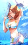  1girl alluring arm_behind_head arms_up big_breasts bikini blue_eyes breast_tattoo brown_hair cleavage eunie_(xenoblade) female_only high_res long_hair midriff navel nintendo one_eye_closed risumi_(taka-fallcherryblossom) sarong sensual smile swimsuit swimwear thick_thighs thighs thong_bikini water wet wings wink xenoblade_(series) xenoblade_chronicles_3 