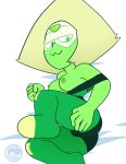  1girl :3 areola artist_name ass bed breasts clothed clothing feet female_only gem gem_(species) green_eyes green_skin inkershike nipples peridot_(steven_universe) steven_universe text topless watermark wide_hips 