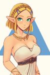  1girl alluring big_breasts blonde_hair dress green_eyes necklace pointy_ears princess_zelda raichiyo33 short_hair simple_background tears_of_the_kingdom the_legend_of_zelda the_legend_of_zelda:_tears_of_the_kingdom white_dress zelda_(tears_of_the_kingdom) 