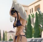 1girl abs alluring assassin athletic_female bikini black_hair female_abs fit_female gold_hairband gold_headband hairband horizonah221 looking_down red_eyes removing_shirt side_tie_bikini_bottom spy_x_family swimming_pool thorn_princess under_boob undressing voluptuous yor_briar