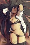  1girl black_hair bra breasts brown_background female_only hair_between_eyes human inkershike long_hair maire_(inkershike) nipple_slip original original_character panties smile text tumblr very_long_hair watermark 