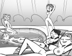 5girls big_breasts breasts bridgette_(tdi) courtney_(tdi) female_only floating greyscale heather_(tdi) human human_only inkershike innie_pussy izzy_(tdi) lindsay_(tdi) long_hair monochrome multiple_girls navel nipples nude outside ponytail pool pussy short_hair total_drama_island water