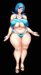 1girl big_ass big_breasts bikini blue_hair lana&#039;s_mother long_hair m_jr_art milf platform_shoes pokemon posing pubic_hair seductive smile swimsuit