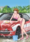 1girl alluring bakuage_sentai_boonboomger big_breasts bikini brown_eyes brown_hair car_wash cleavage high_heels iwa shifuto_mirai super_sentai