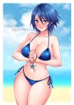  1girl 1girl alluring aqua_(kingdom_hearts) beach bikini blue_eyes blue_hair cleavage female_only french_nails fully_clothed jewelry kingdom_hearts kingdom_hearts_birth_by_sleep long_fingernails looking_at_viewer makeup nail_polish painted_fingernails painted_nails revealing_clothes skimpy_clothes sky sugarbell 