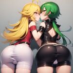 2_girls ai_generated balls clothes_on green_eyes green_hair kissing lesbian_kiss sfw yellow_eyes yellow_hair