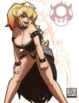  1girl 1girl artist_name bent_over big_breasts black_panties bowsette bracelet breasts cleavage clothing crown dress female_only genderswap hair horn inkershike koopa legs long_hair looking_at_viewer mario_(series) new_super_mario_bros._u_deluxe nintendo open_mouth panties pose posing red_eyes shell spiked_bracelet spiked_shell super_crown tail thighs video_games watermark 