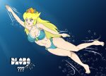  1girl barefoot big_breasts bikini blue_bikini blue_swimsuit breasts bubbles cleavage dlobo777 feet female mario_(series) navel nintendo princess_peach solo swimming swimsuit underwater water 