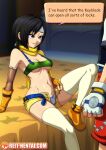 1boy 1girl bedroom black_hair brown_eyes cleavage english english_text final_fantasy final_fantasy_vii kingdom_hearts panties reit short_hair small_clothes sora tagme text text_bubble under_boob undressing watermark yuffie_kisaragi