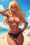  abs ai_generated beach blonde_hair brown_eyes looking_at_viewer medium_breasts navel nipples nuggeto topless wide_hips 