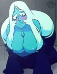  1girl all_fours areola big_breasts blue_diamond_(steven_universe) blue_eyes blue_hair blue_skin blush breasts cleavage clothing curvaceous curvy diamond_authority exposed_breasts female_only gem gem_(species) inkershike long_hair looking_down nipples presenting steven_universe 