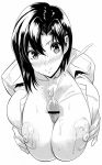 1girl areolae breast_squeeze breasts cum cum_on_body cum_on_breasts cum_on_upper_body ejaculation female gigantic_breasts highres huge_breasts kloah monochrome nipples paizuri penis short_hair smile