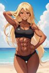  abs ai_generated beach blonde_hair brown_eyes looking_at_viewer medium_breasts midriff navel nuggeto sports_bra underwear wide_hips 