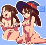  1girl akko_kagari areola belly breasts brown_hair closed_eyes cum cum_in_mouth cum_on_body cum_on_breasts cum_on_face cum_on_hands eyelashes facial hair inkershike little_witch_academia looking_at_viewer navel nipples nude open_mouth shaved_pussy sitting smirk solo_focus witch_hat 