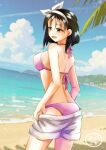  1girl 1girl alluring ass beach bikini black_hair blue_sky brown_eyes kazama_jun medium_breasts milf namco ocean shorts suzuki_(artist) tekken tekken_2 tekken_8 tekken_tag_tournament tekken_tag_tournament_2 