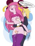  1boy 1girl 2019 ;o adventure_time blonde_hair breast_grab breasts cum ejaculation english_text finn_the_human from_behind inkershike legs long_hair long_pink_hair male/female nipples penis pink_hair pink_nipples pink_skin princess_bubblegum pussy pussy_juice simple_background standing_sex text thigh_sex 