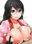  1girl :p :q bakemonogatari black_hair blue_eyes breast_squeeze breasts censored cum cum_in_mouth female glasses hanekawa_tsubasa juliet_sleeves large_breasts long_hair long_sleeves monogatari_(series) nekomonogatari nipples paizuri penis precum puffy_sleeves saliva school_uniform simple_background taguchi_takahiro tongue tongue_out 