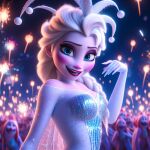 ai_generated blonde blonde_female blonde_hair blue_eyes bodysuit braid disney elsa_(frozen) fireworks frozen_(movie) hand_on_mouth harlequin harlequin_hat heeled_shoes high_heels legwear lipstick looking_at_viewer makeup night stockings