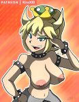 1girl armband blonde blue_eyes bowsette breasts cleavage collar gender_transformation genderswap horns kiroxiii looking_at_viewer nintendo nude super_crown super_mario_bros. video_game