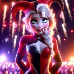 ai_generated biting_finger blonde blonde_female blonde_hair bodysuit disney elsa_(frozen) error fireworks frozen_(movie) harlequin harlequin_hat harley_quinn_(cosplay) lipstick long_hair looking_at_viewer makeup night