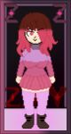  1girl alternate_version_available bete_noire betty_noire big_breasts boots breasts brown_hair female_only glitchtale long_socks pink_shirt pixel_(artwork) pixel_art purple_shirt red_eyes red_hair red_skirt skirt undertale_au zixy_(artist) 