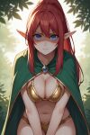  ai_generated bare_midriff bikini_armor blue_eyes cape elf elf_ears elf_female jewelry long_ears long_hair looking_at_viewer ponytail red_hair 