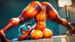 ai_generated anus ass_focus ass_up breast_press breasts cum cum_in_pussy dragon_girl furry furry_female horns lizard_girl nude nude_female orange_scales orange_skin pussy scales spikes_(anatomy)