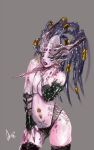  bikini daemonette demon demon_girl deviantart long_nails looking_at_viewer pink_skin purple_nails slaanesh-goddess_(artist) sleeves spikes tentacle_hair topless warhammer_40k 