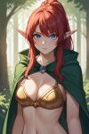  ai_generated bare_midriff bikini_armor blue_eyes cape elf elf_ears elf_female jewelry long_ears long_hair looking_at_viewer ponytail red_hair smile 