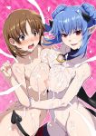  2girls bat_wings black_legwear blue_hair blush breast_press breasts brown_eyes brown_hair bukkake cum cum_on_body cum_on_breasts cum_on_hair cum_on_upper_body demon_girl demon_tail double_bun facial fang female horns hug kiyoko3sai large_breasts low_wings multiple_girls nipples nude open_mouth original pointy_ears red_eyes short_hair smile succubus symmetrical_docking tail thighhighs wings 