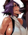  ai_generated big_breasts bleach brown_skin fellatio grabbing_head hand_on_head head_grab male/female nipples nipples_visible_through_clothing oral oral_sex purple_hair smile solo_focus tanned tanned_skin yellow_eyes yoruichi_shihouin 