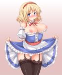 1girl alice_margatroid bare_shoulders blonde_hair blue_eyes blush breasts dress dress_lift dress_pull female garter_belt garter_straps hairband inverted_nipples lace lace-trimmed_thighhighs large_breasts nipples panties sekiri short_hair solo thigh_gap thighhighs touhou underwear