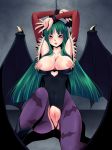 1girl :3 anus armpits bat_print bat_wings boots breasts bursting_breasts capcom cleavage comae_koga cuffs demon_girl detached_sleeves fat_mons female green_eyes green_hair handcuffs head_wings heart inverted_nipples koga_yoshihisa large_breasts leotard long_hair morrigan_aensland naughty_face nipples nude pantyhose print_legwear puffy_nipples pussy solo succubus torn_clothes torn_pantyhose uncensored vampire_(game) wings