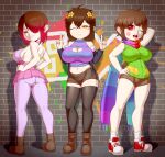 3_girls alternate_version_available bete_noire betty_noire blue_shirt boots breasts brown_hair chara chara_au double_v female_chara female_frisk female_only frisk frisk_au glitchtale green_shirt long_sock one_eye_closed pink_shirt purple_shirt purple_skirt rainven red_eyes red_hair scarf shoes shorts skirt sneakers socks striped_scarf trio undertale_au v yellow_eyes