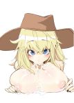 1boy 1girl :>= bad_id blonde_hair blue_eyes blush breasts cowboy_hat cum cum_in_mouth cum_on_body cum_on_breasts cum_on_upper_body fellatio female hat looking_at_viewer male_pov moriya_suwako nipples oral paizufella paizuri penis pov puffy_nipples rhyme_rhyme skin_edit skin_edit_(male) solo_focus touhou uncensored western