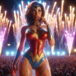  ai_generated big_breasts blue_eyes bodysuit bracelet bracelets brown_hair concert dc_comics dc_comics finger_in_mouth fireworks night short_hair tiara wonder_woman 